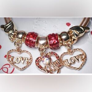 💖Valentine’s Love Charm Bangle Bracelet | Red Crystal Hearts | Gift Ready